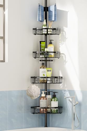 Coonoor Corner Shower Caddy Tension Pole - 62-115 INCH - 4-Tier Rustproof Bathroom Organizer Shelves, Adjustable Bathtub Tub Shampoo Storage