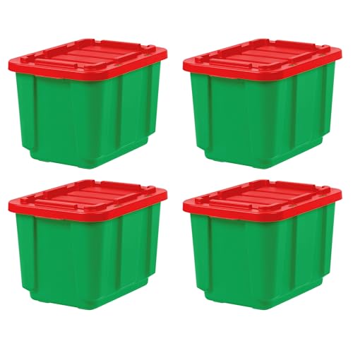 IRIS USA 12 Gallon Heavy Duty Holiday Storage Bins with Lids, 4 Pack - Made in USA, Tough Snap On Lid Stackable Industrial Rugged Tubs, Garage Organization, Reusable Box - Green/Red