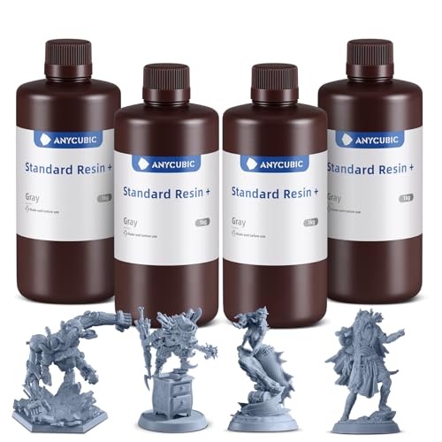 ANYCUBIC Standard 3D Printer Resin Plus, 405nm SLA Fast UV-Curing Resin, High Precision & Rapid Photopolymer for 8K/14K/16K Capable LCD/DLP/SLA 3D Printing(4Packs*1kg Grey, 4kg in Total)