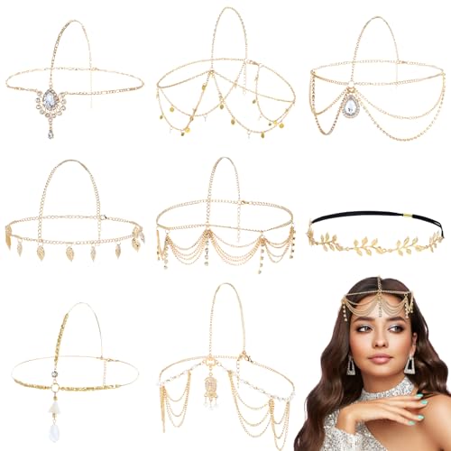 Dizila 8 Pieces Gold Head Chains with Rhinestone Pearl Leaf Coin Festival Prom Wedding Bridal Jewelry Boho Headbands Tassel Forehead Chain Hair Bands Headwear Headpieces for Women Girls