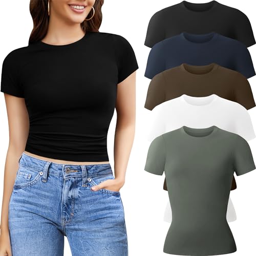 CE' CERDR 3/5 Pack Womens T Shirts Crew Neck Short Sleeve Shirts for Women Casual Basic Fitted Stretchy Tee Tops