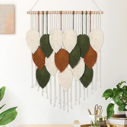 KHOYIME Macrame Wall Hanging Boho Woven Tapestry, Chic Home Decor Modern Bohemian Handmade Leaf Feather Wall Art Decorations for Apartment Dorm Living Room Bedroom Nursery Backdrop 23.6" W X 29.5" L