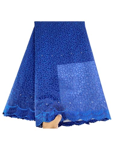 FSZXMH African Double Organza Lace Fabric 5Yards 002 Embroidery Nigeria Laces Fabrics Shinning Yarn for Women Wedding Royal Blue