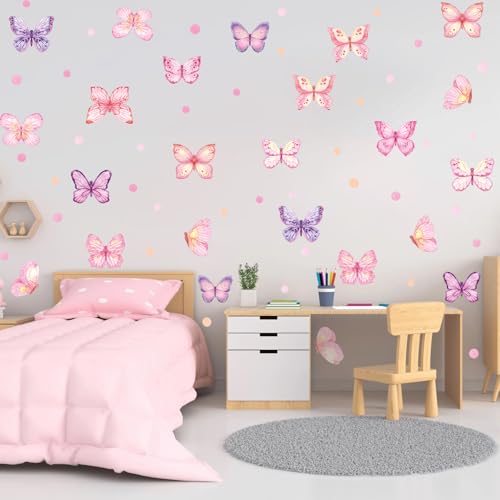 XUOIAYNB Pink Butterfly Wall Stickers,Butterflies with Plot Dots Vinyl Wall Decals, Removable Butterfly DIY Wall Art for Girl Bedroom Nursery Room Decor