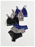 Verdusa Women's 6 Piece Bow Floral Lace Lingerie Wireless Padded Bra and Panty Set Black and Grey Medium