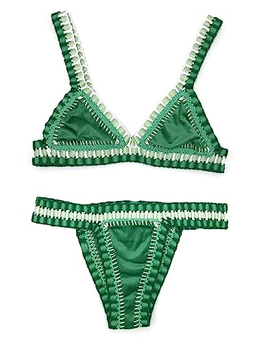 OLEETS Womens Crochet Bikini Set - Two Piece Swimsuit Green Velvet Sexy Swimwear Young Girls Swimming Suit Summer Sling Beachwear V Neck Solid Color,Green,M