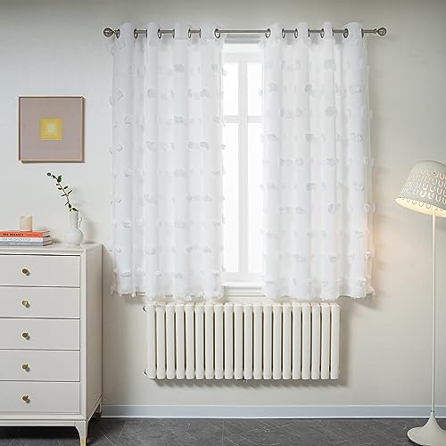 MYSKY HOME White Curtains for Bedroom 63 Inch Long Double Layer Curtains for Kids Room Kithen White Pom Pom Sheer Nursery Curtains Grommet Room Darkening Window Curtains 2 Panels Set, 52 x 63 Inch
