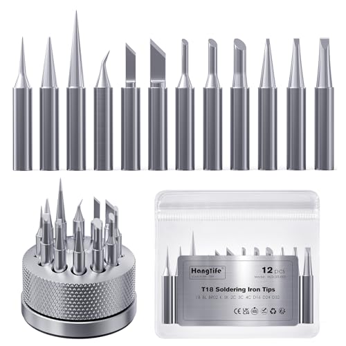 HANGLIFE T18 Soldering Iron Tips with Tip Holder for Hakko FX-888D FX-888 FX8801 FX-600, and More Soldering Stations/Guns - Replacement Solder Tips for Welding Equipment & Accessories (12 pcs)