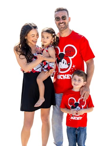Disney Mickey and Friends Family Matching Outfits Sleeveless Mickey Mouse Print Dress Black and Short Sleeve Shirts Red for Couples Women M