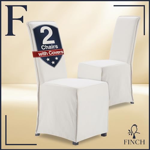 Finch Grayson Parsons Upholstered Dining Chairs with Removable Skirted Slipcover for Kitchen & Dining Room, High Chair Back with Polyester Weave Fabric, Slip Covered Accent Chairs Set of 2, Ivory