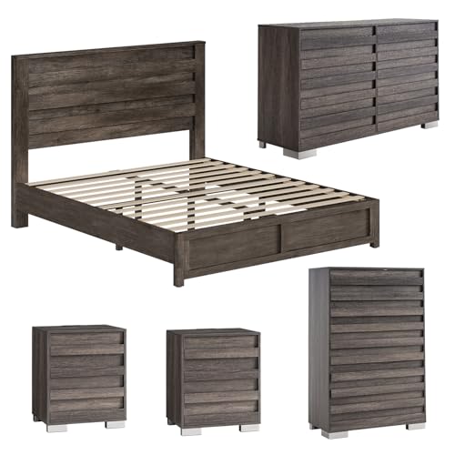 Albott 5 Piece Farmhouse Bedroom Set, Including Queen Bed Frame with Headboard, 6 Drawer Dresser & 5 Chest of Drawers, 2 Nightstands with Charging Station for Bedroom, Rustic Grey