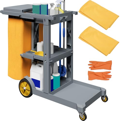 YITAHOME Janitorial Cart, Cleaning Carts on Wheels, 3-Shelf Commercial Traditional Plastic Housekeeping Cart, with 2 Yellow 25 Gallon Vinyl Bag and Pair of Rubber Gloves, Gray