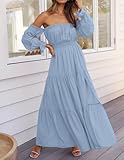 ZESICA Women's 2024 Boho Sexy Off Shoulder Long Sleeve Smocked High Waist Side Split Flowy A Line Tiered Long Maxi Dress,LightBlue,Small