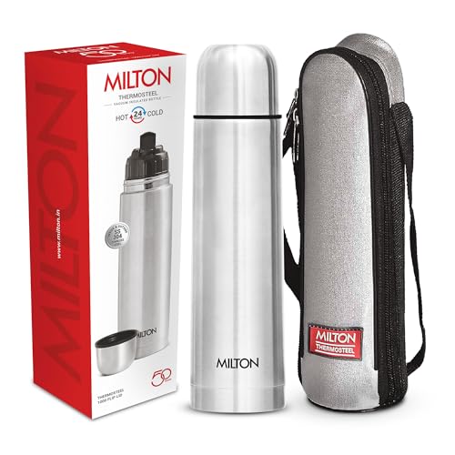 Milton Thermosteel Flip Lid 1000, Double Walled Vacuum Insulated Thermos 1000 ml | 34 oz | 1 Ltr | 24 Hours Hot and Cold Water Bottle with Cover, Stainless Steel, BPA Free,Leak Proof | Silver