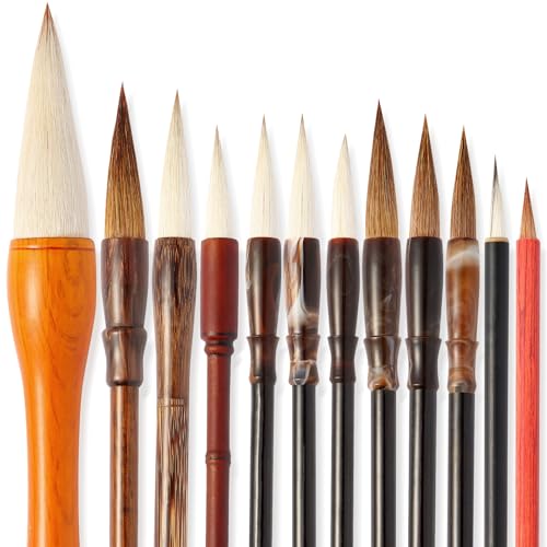 Corciosy 12 Pieces Chinese Calligraphy Brush Set - Premium Painting Writing Watercolor Sumi Brushes Set Kanji Japanese Drawing Art Brushes with Roll-up Brush Holder
