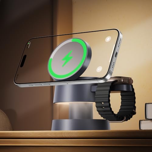 iVANKY for iPhone 16 Pro Max 4 in 1 Wireless Charging Station with Mushroom Light for MagSafe Magnetic Charger, 22.5 W Travel Stand, 3 in 1 Fast Charge Multiple Devices, Apple iWatch Ultra, Airpods