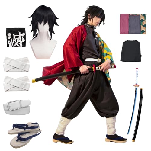 OURUEPY Full Set Men Anime Cosplay Costume For Tomioka Party Role Costume Kimono Outfit Including Shoes Wig Sword
