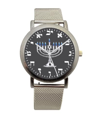 Hebrew Numbers Brushed Chrome Unisex Size Watch Has Black Menorah Dial with Stainless Steel Mesh Band