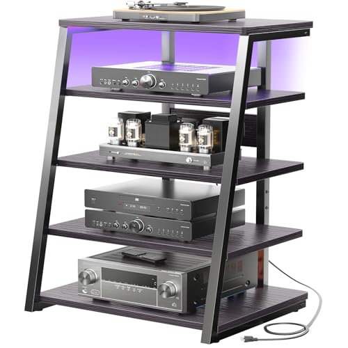 armocity 5-Tier AV Media Stand with Power Strips, Media Console with LED Lights, Audio Tower Rack with Adjustable Shelves, Stereo Stands and Racks, 40.8'', Black Ebony