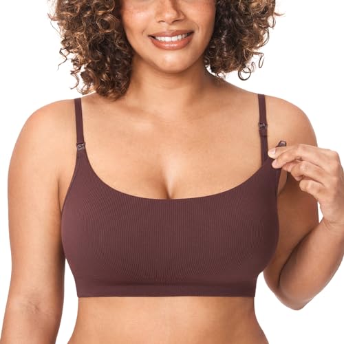 MOMANDA Ribbed Nursing Bras for Breastfeeding Support Maternity Sports Bra Wireless Seamless Sleep Bralettes Hazelnut Medium