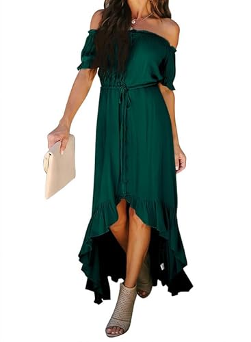 Dokotoo Womens Casual Summer Sexy Off The Shoulder Slash Neck Short Sleeve Fashion Maxi Dress High Low High Waist Ruffle Easter Party Skater Dresses Green XX-Large