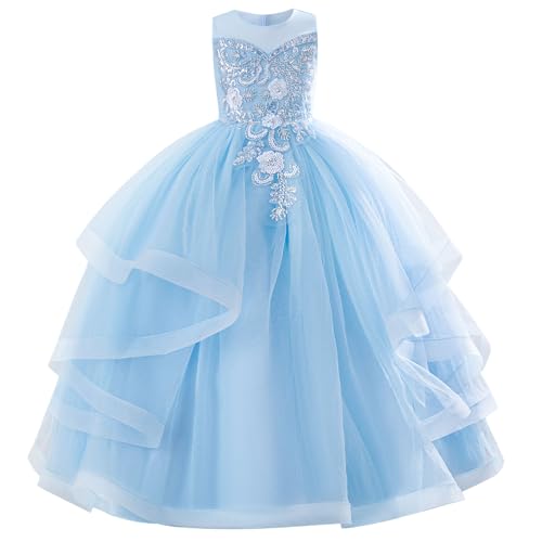 IDOPIP Sequin Flower Girl Dress for Girls Party Wedding Gown Princess Pageant Birthday Tulle Dress for Kids Long Prom Ball Formal Maxi Dresses Junior Bridesmaid Communion Dresses Blue 11-12 Years