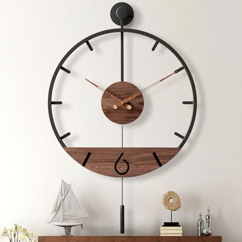 Pytha Sight 34.6×24 Inch Large Modern Decorative Pendulum Wall Clock,Big Metal Farmhouse Oversized Silent Wall Clocks Minimalist Elegant Walnut Dial Pointers for Living Room,Office,Dining Room Decor