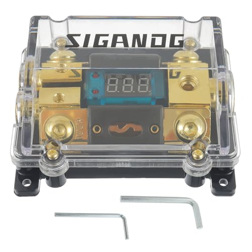 SIGANDG Car Audio Digital LED Voltage Display, ANL Fuse Holder Distribution Block 1 in 2 Out, with 2 Fuses and 2 Hexagon Wrench, Suitable for Car and Yacht Audio