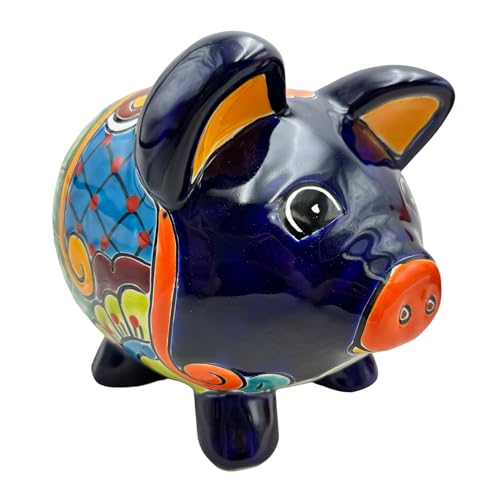 Talavera Piggy Bank Money Bank Mexican Pottery Folk Art Handmade Hand Painted Multicolor Home Decor 9.5" (Multi 6)