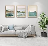 Abstract Beach Canvas Wall Art with Natural Wood Framed - Grey blue Ocean Landscape Paintings Artwork Decor Hills Nature Pictures for Bathroom, Living Room, Bedroom Decoration