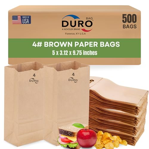 Duro 4# Brown Paper Lunch Bag 500 Count - Ideal for Sandwiches, Candy, Treats, Popcorn, Snacks, Bread & Cookies, Dubl Life SOS Disposable Recycled Kraft Brown Paper Bags Lunch Size, 5x3.12x9.75 Inches