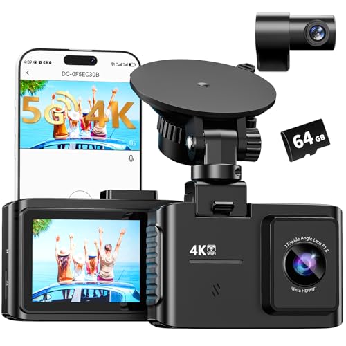 Dash Cam Front and Rear: 4K Dual Channel Dash Cam - 5GHz WiFi, Dash Camera for Cars with 64GB Card, 2.0" IPS Screen, App Control, G-Sensor, Loop Recording, 170° Wide Angle, Night Vision, Parking Mode