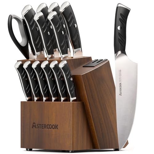 Astercook Knife Set, Kitchen Knives Set with Block and Dual Sharpener Full Tang 15 Pcs German Stainless Steel Knives Sharp Blade Dishwasher Safe Knife Set with Ergonomic Handle, Elegant Black