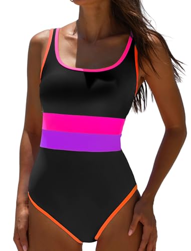 popvil Women's One Piece Swimsuits 2025 Tummy Control -Modest Neon 1 Piece Bathing Suit Beach Outfit Sexy Sport Swim Suits,Black Purple,X-Large