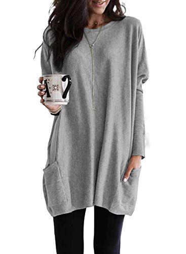 Dokotoo Womens Tops Long Sleeve Shirts Spring Outfits for Women 2025 Tunics Tops Blouse Fashion Oversized Sweatshirt Tshirts Long Tops Tunic with Pockets Tops for Leggings Spring Clothes Gray XL