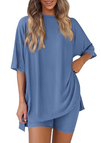 PRETTYGARDEN Women's Two Piece Lounge Set 2025 Summer Casual Oversized Shirts Biker Shorts Matching Airport Travel Outfit (Blue,Small)