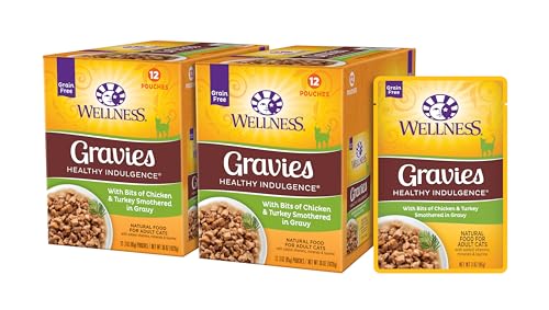 Wellness Healthly Indulgence Gravy Adult Wet Cat Food, Natural, Protein-Rich, Grain Free, 3 Ounce Pouch, 24 Pack, (Chicken & Turkey)