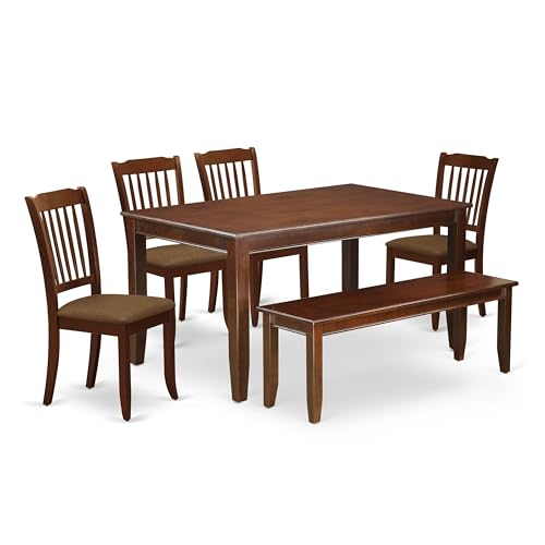 East West Furniture CADA6-MAH-C 6 Piece Dining Room Furniture Set Contains a Rectangle Kitchen Table and 4 Linen Fabric Dining Chairs with a Bench, 36x60 Inch, Mahogany