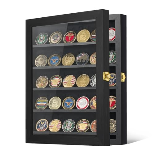 Kacorn Coin Display Case 11"x14" Challenge Military Coin Holder Wooden American Flag Medal Poker Chip Wall Cabinet Decor Gift for Collector, Grandfathers, Fathers, Comrade-in-arms