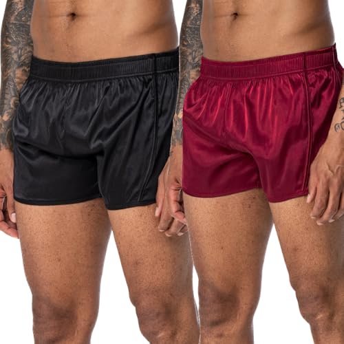 FIROTTII Men's 3 inch Satin Boxers Silk Satin Shorts Pajamas Bottom (Black + WineRed L)
