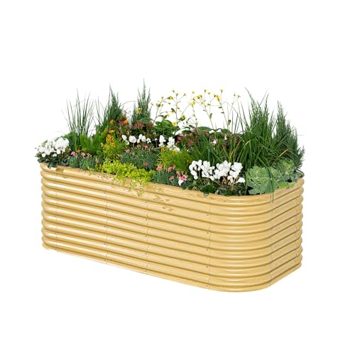 Vego garden 32" Extra Tall Raised Garden Bed Kits, 10 in 1 Modular Raised Planter Box for Vegetables Flowers Fruits Oval Metal Raised Garden Bed, Sunlit Oak
