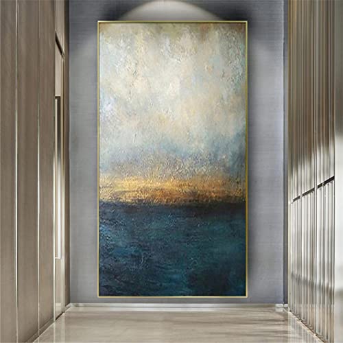Nordic Big Size Design Canvas Picture Blue Sea View Sunrise Abstract Oil Painting Framed Wall Art Poster For Live Decor 40x80cm/(16x31inch) with-Golden-Frame