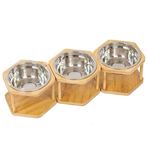 Lusifaco Set of 3 Single Elevated Cat Bowls, Stainless Steel Raised Cat Food Water Bowl with Bamboo Stand, Pet Dishes Stand Feeder with Anti Slip Feet for Cats and Small Dogs, 13 oz(Stainless Steel)