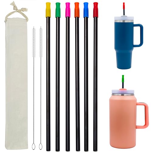 Wobye 6PCS 12'' Black Metal Straws for Stanley Quencher Tumber 64 40 oz, Long Stainless Steel Straw for Stanley 40 oz Cup, Including Cleaning Brush, Silicone Tip, Travel Case