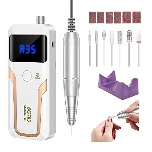 Portable Nail Drill Professional 35000 RPM, MOCOWIND Rechargeable Electric Nail File Machine for Acrylic Nails Gel Polishing Removing, Cordless E-File with Bits Kit for Manicure Salon Home, White