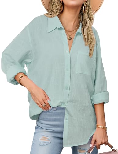 Zeagoo Cotton Button Down Shirt Women Button Up Linen Blouses Long Sleev Cotton Tops Casual Light Green