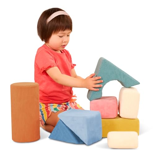 B. Toys - Sensory Foam Building Blocks for Kids - 8-Piece Textured Stacking Toys for Babies 6-12 Months - Soft Geometric Shapes with Tactile Fabric Cover - Foam Blocks for Toddlers