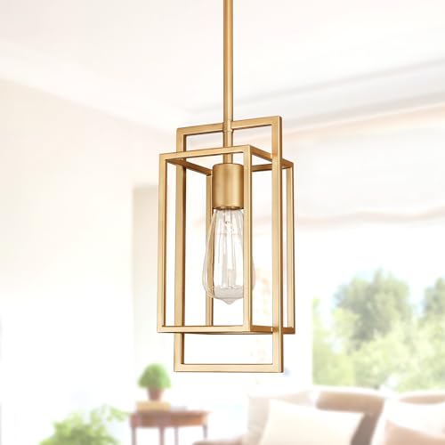 Wrlmfy Muted Gold Pendant Lighting Fixture with Geometric Metal Cage, 1-Light Industrial Mini Lamp for Kitchen Island, Cafe Bar, Dining Room