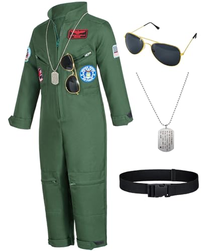 Kids Fighter Pilot Costume - Air Force Flight Suit with Aviator Sunglasses & Tag & Belt for Boys Girls Roleplay Dress Up 6-7 Years