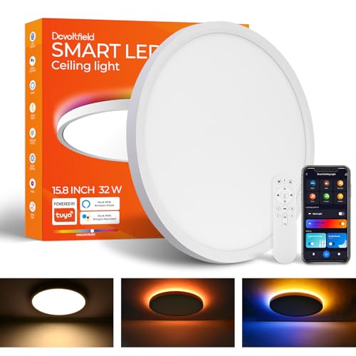 Dcvoltfield 2Pack Smart LED Ceiling Light Flush Mount,16inch RGB Ceiling Light Fixture with Remote Control,Dimmable 2700K-6500K,Night Light 2000K,Compatible with Alexa,Google,Tuya